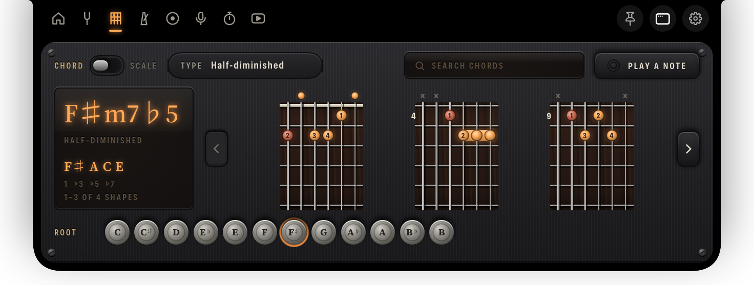 The chords panel: three chord shapes on rosewood fretboards with pearl inlays, and the roots as tuning pegs below.