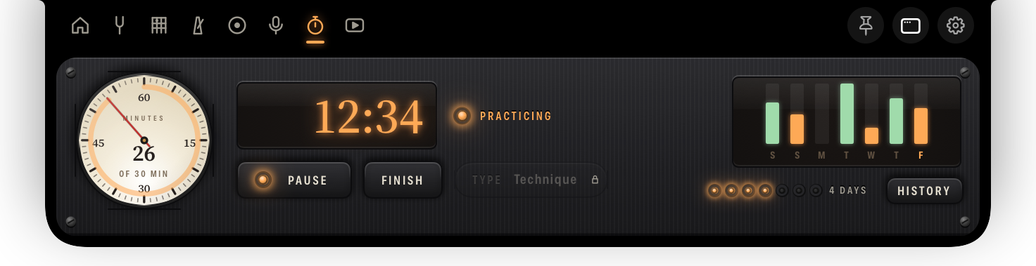 The practice panel: a stopwatch dial at 26 of 30 minutes, a clock reading 12:34, a practicing lamp and the last seven days as bars.