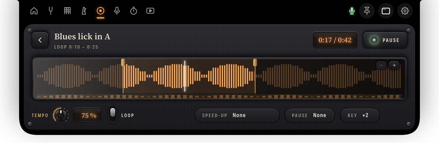 A caught riff in the player: the waveform with brass loop handles, tempo at 75 percent, key plus 2.
