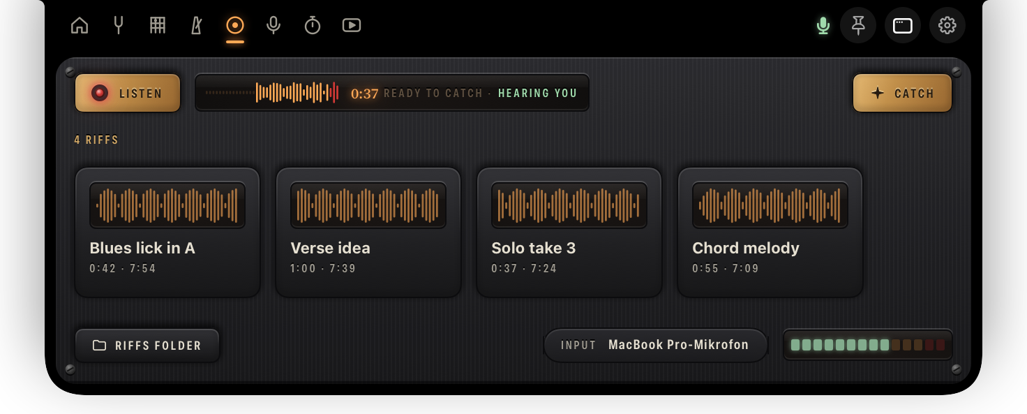 The riffs panel: a red listening lamp, a live waveform reading 0:37 ready to catch, a brass Catch button, and four caught riffs as cards.