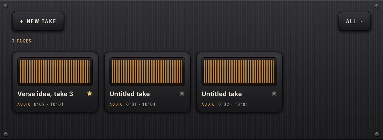 The takes panel: a New take button, three recorded takes as cards with their waveforms, lengths and times.